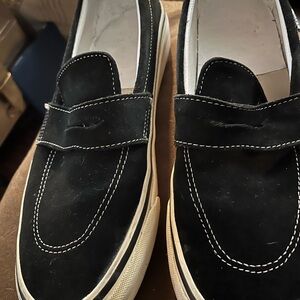 Vans Black Suede Slip-On Loafers with White Stitching